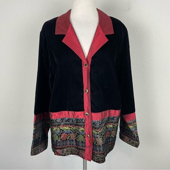 Coldwater Creek Black Red Gold  Velvet Taffeta Brocade Jacket Blazer Topper Larg - Picture 2 of 11